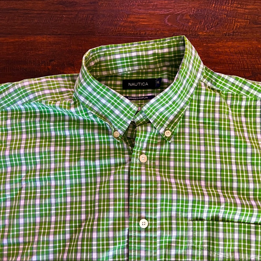 Bright Green & White Plaid Nautica Button-Down Short Sleeve